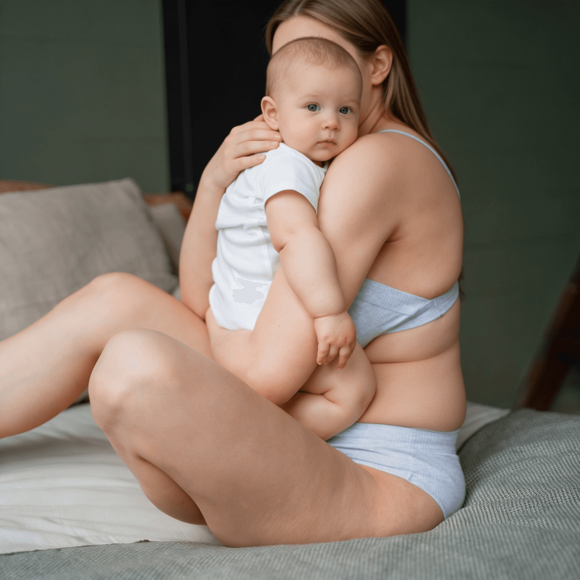 mulher com leve sobrepeso segurando um bebê para ilustrar a dúvida sobre perder peso com GLP-1 depois do parto