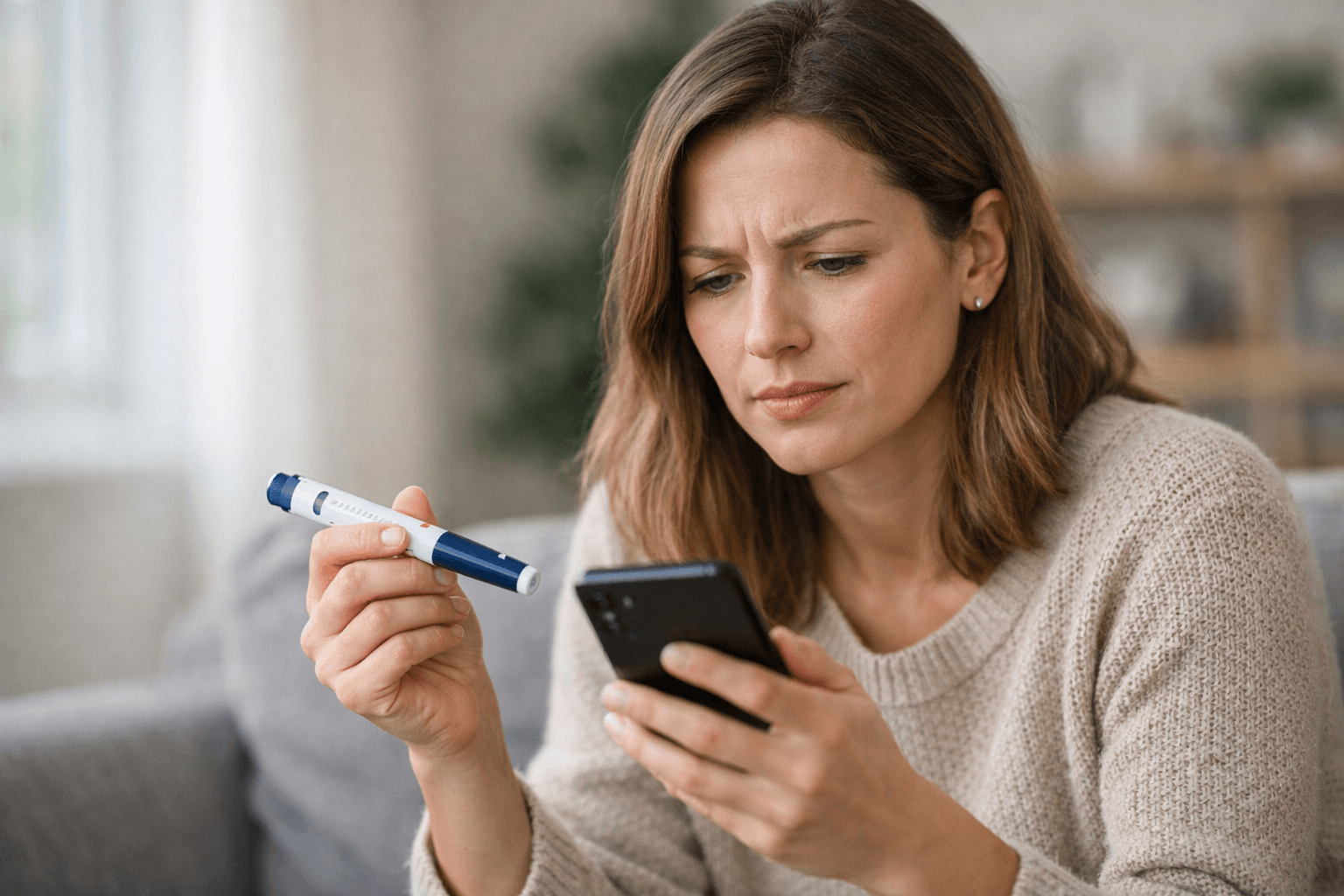 Mulher em casa segurando caneta emagrecedora e olhando o celular com expressão de dúvida