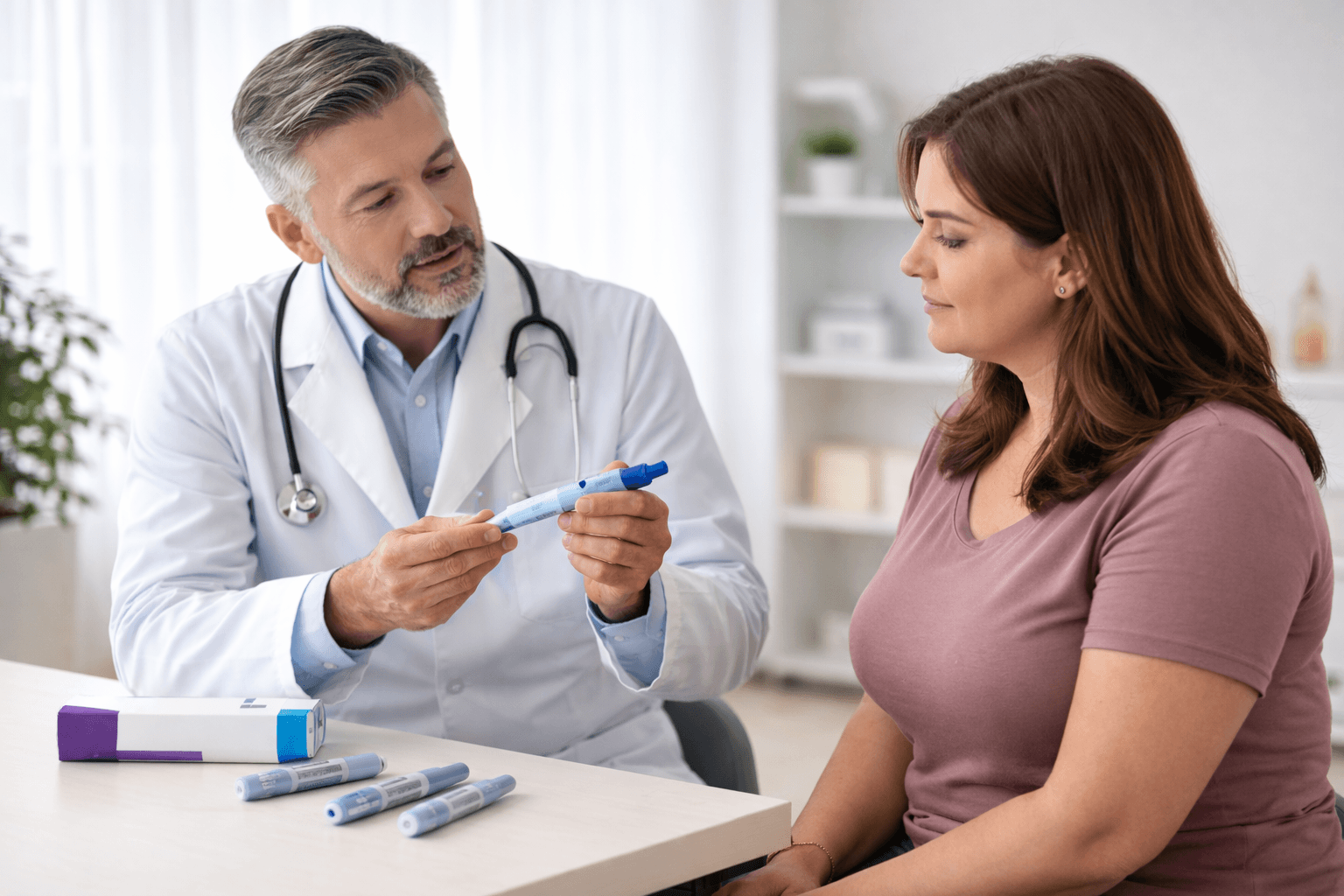 médico explicando paciente sobre uso da caneta Mounjaro