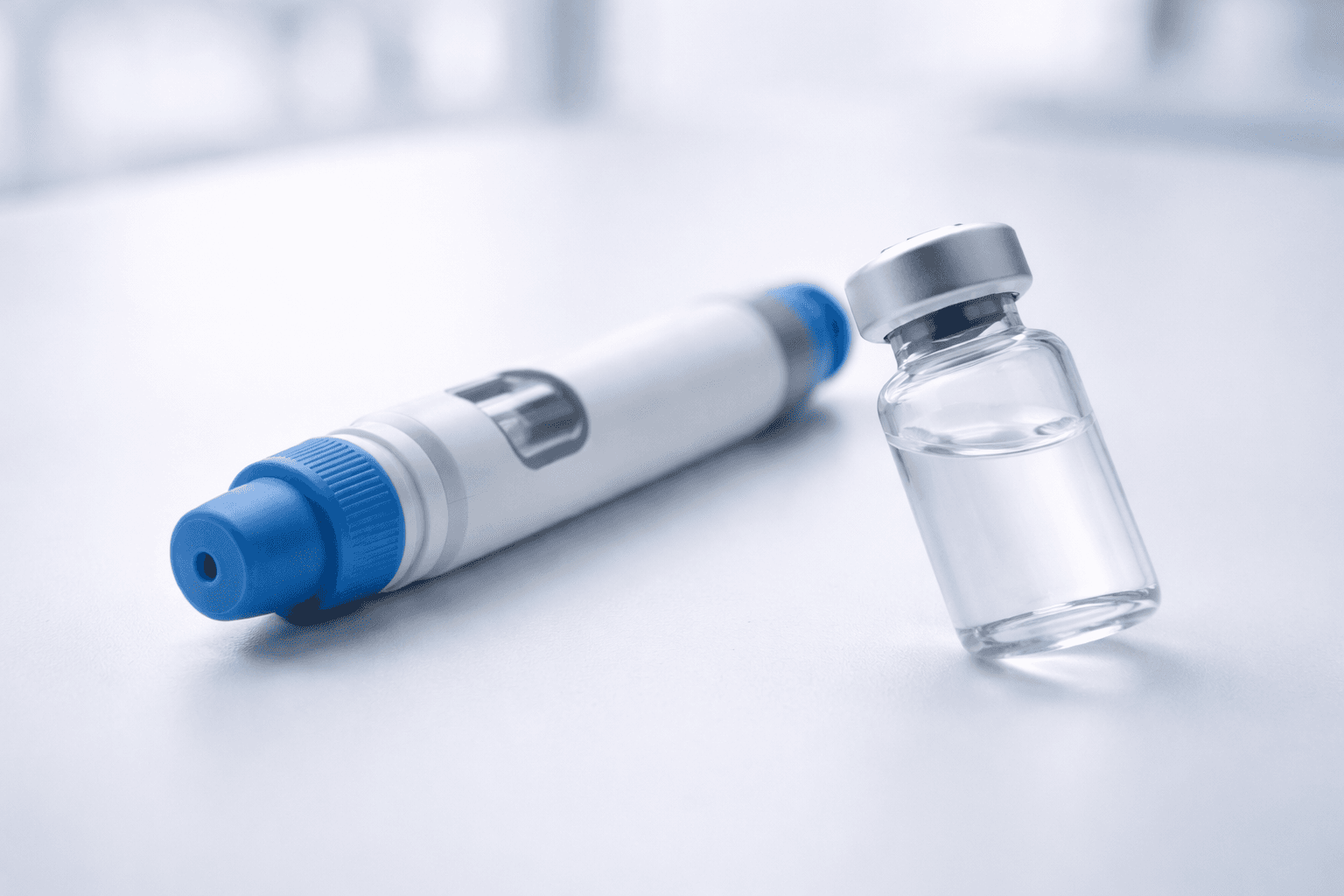 Dois medicamentos injetáveis lado a lado: uma caneta aplicadora com identificação oficial e um frasco de vidro sem rótulo, representando a diferença entre o Mounjaro aprovado pela Anvisa e produtos paraguaios sem registro como o Tirzec