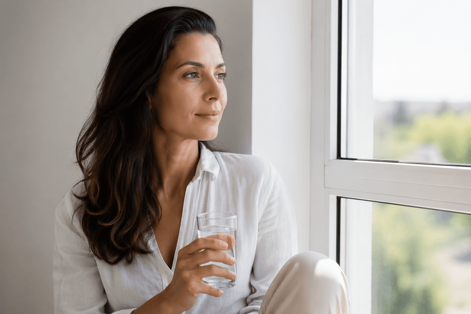 “Mulher relaxando perto da janela com luz natural, segurando um copo de água, representando hidratação, bem-estar e saúde mental.”