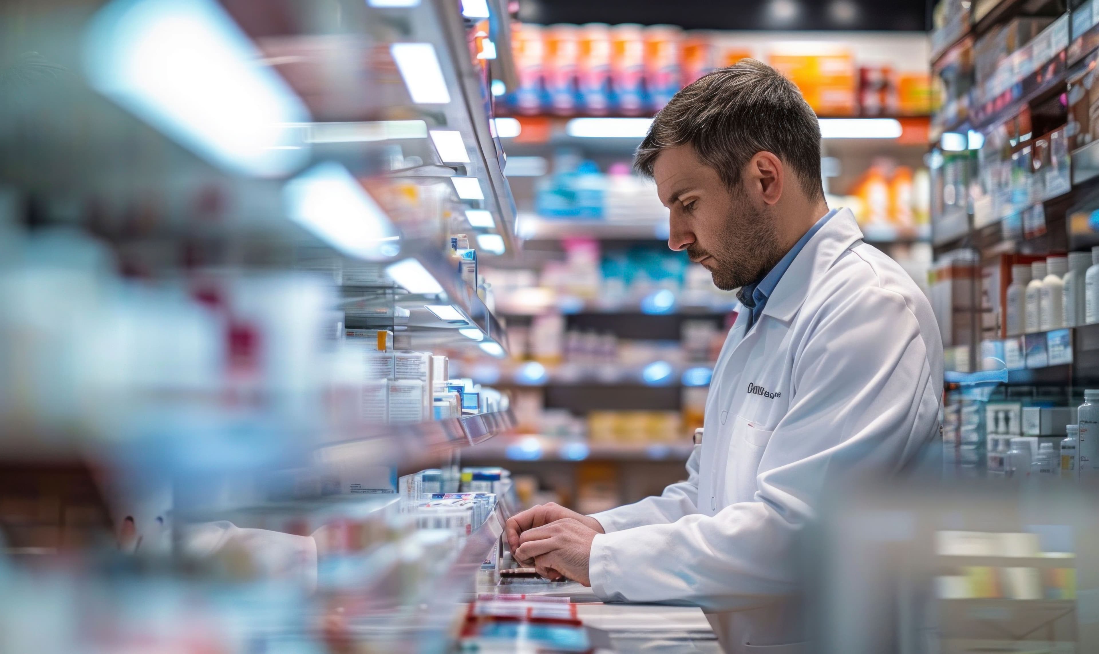 Farmacêutico no Interior de farmácia credenciada com medicamentos organizados, representando o canal seguro para adquirir Wegovy com receita médica