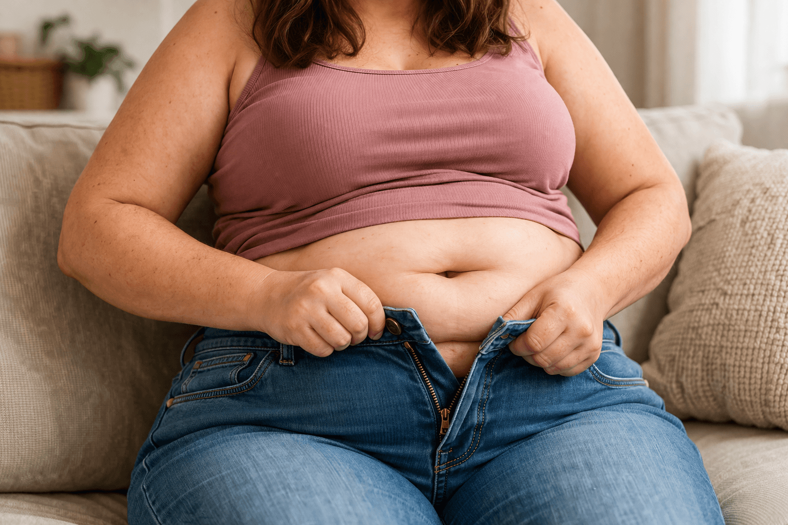 mulher tentando fechar a calça jeans