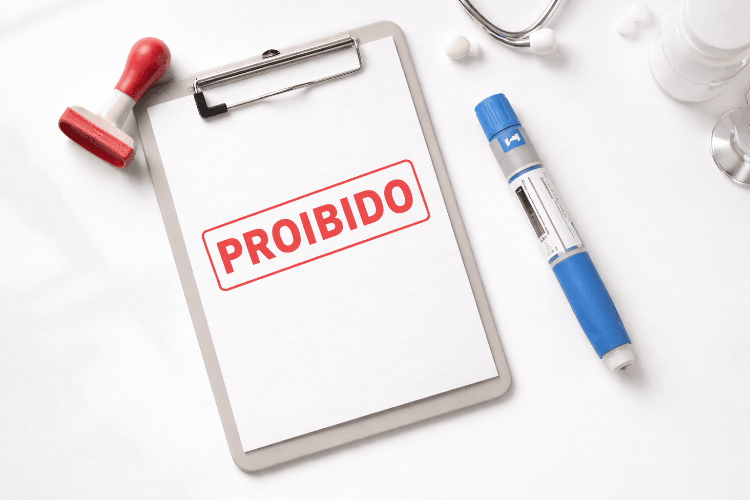 Prancheta com carimbo vermelho escrito "PROIBIDO" ao lado de uma caneta emagrecedora, representando a proibição da Anvisa aos produtos Gluconex e Tirzedral